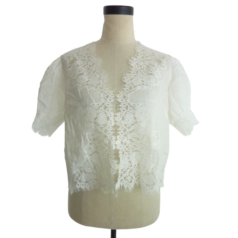 Doen Womens Idella Lace Top in Salt Small White Ramie V Neck Short Sleeve